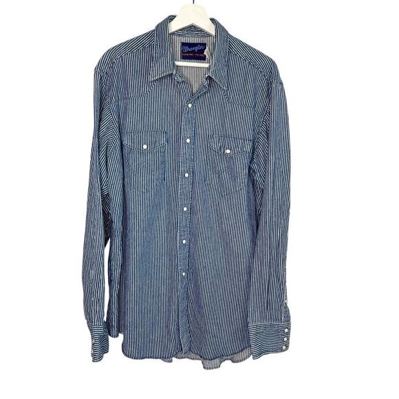 Wrangler Retro Striped Pearl Snap Western Button-Up Shirt Blue Men's XL 17 1/2 - Picture 1 of 6